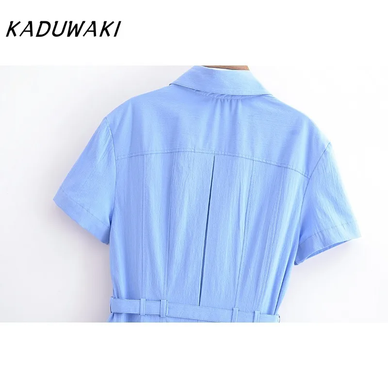 KADUWAKI French Vintage Lapel Short Sleeve Solid Dresses Casual Classic Pocket Asymmetric Pleated Vestidos with Belt فساتين ٢٠٢٢ - Image 5