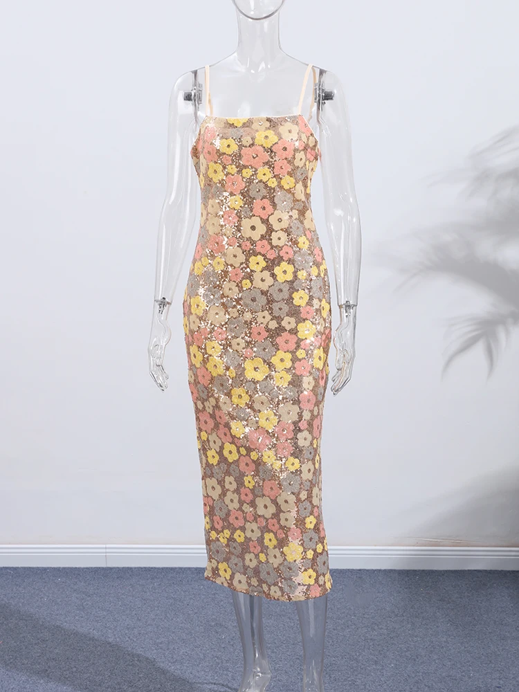 Fashion Sequin Flowers Sling Long Dress Women Sleeveless Backless Slim Maxi Dresses 2025 New Colorful Floral Evening Party Robes - Image 5