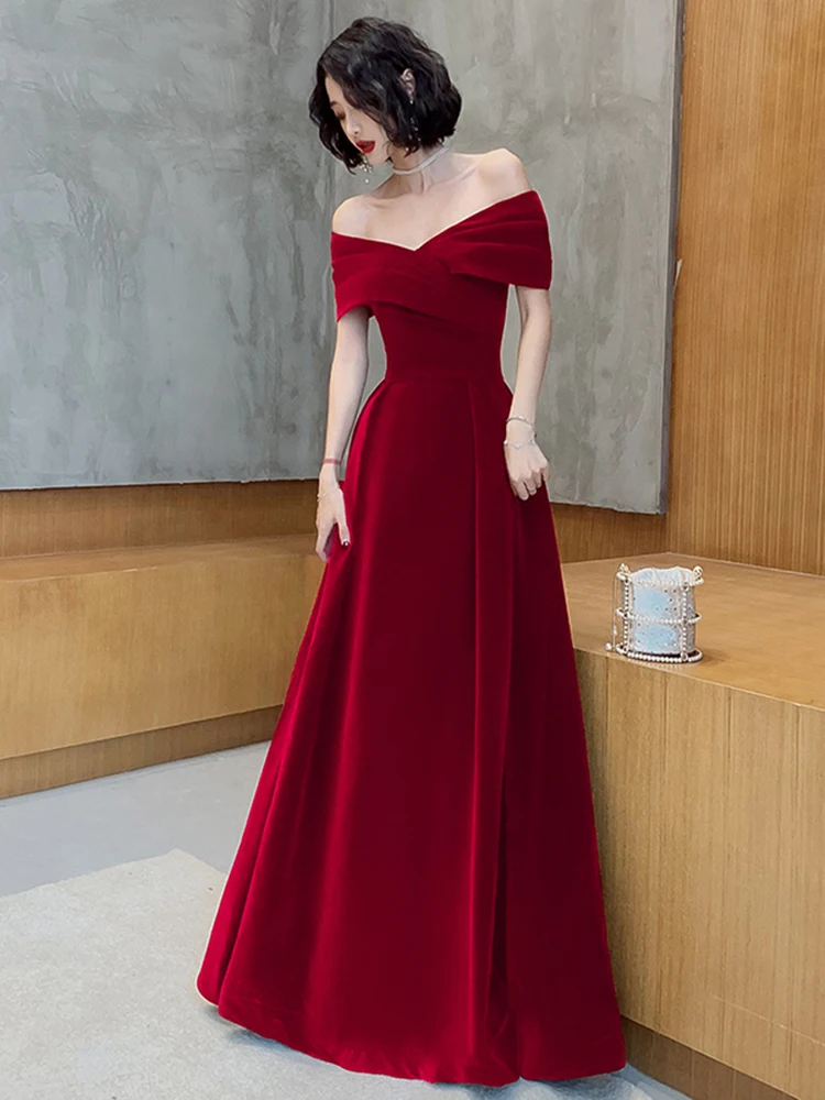 Lautaro Spring Long Luxury Elegant Wine Red Soft Velvet Evening Party Wedding Dresses for Women 2022 Off Shoulder Maxi Dress - Image 8