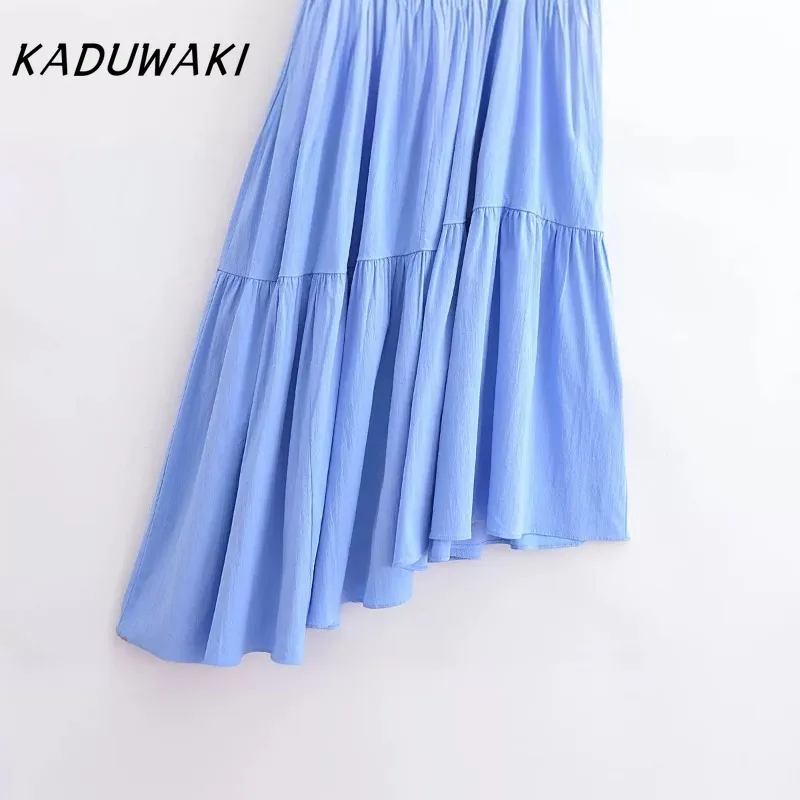 KADUWAKI French Vintage Lapel Short Sleeve Solid Dresses Casual Classic Pocket Asymmetric Pleated Vestidos with Belt فساتين ٢٠٢٢ - Image 4