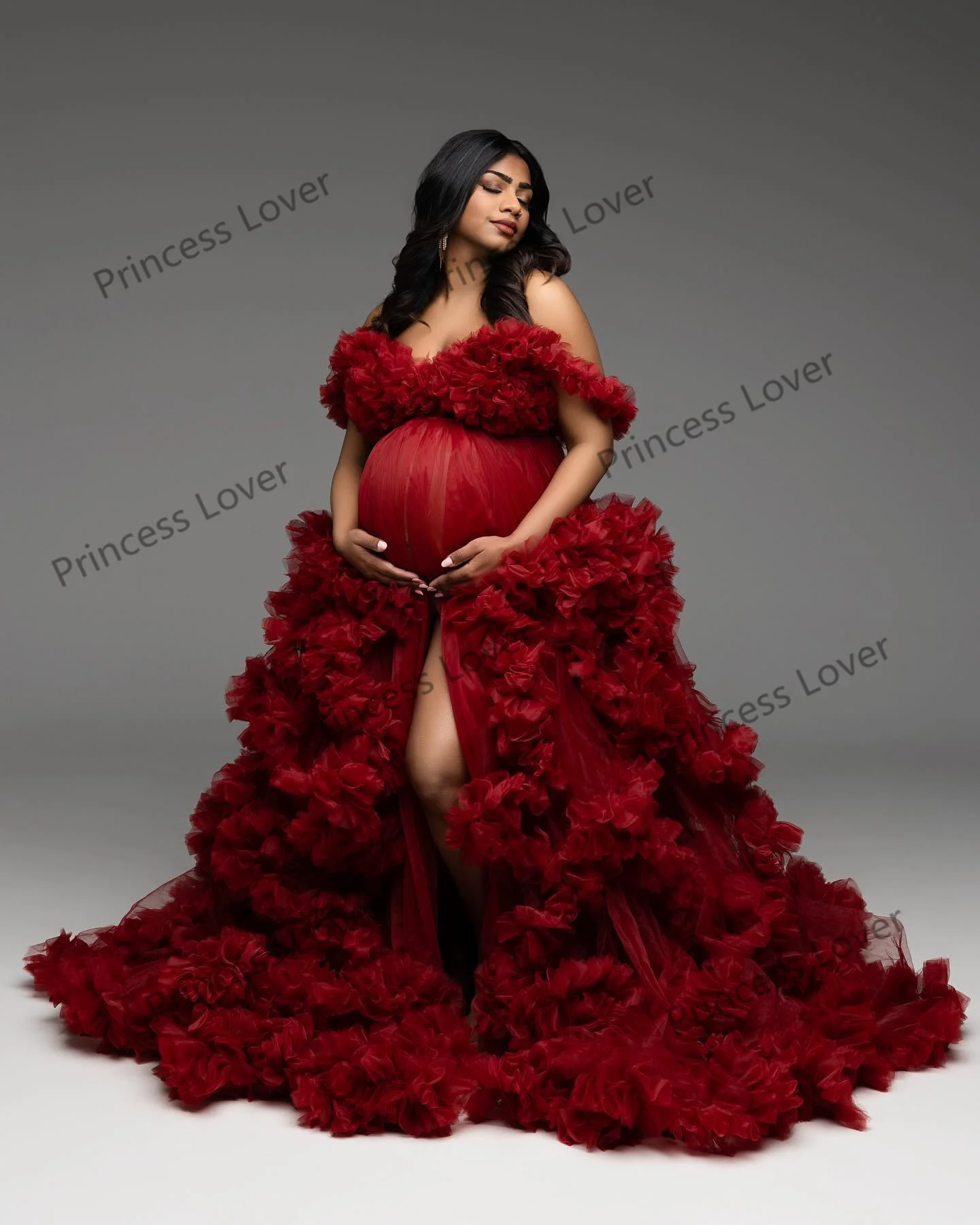Dark Red Prom Dresses Photoshoot Luxury Ruffle Robe for Baby Shower Customized Tiered Elegant Bridal Lingerie Vestido de Novia - Image 2