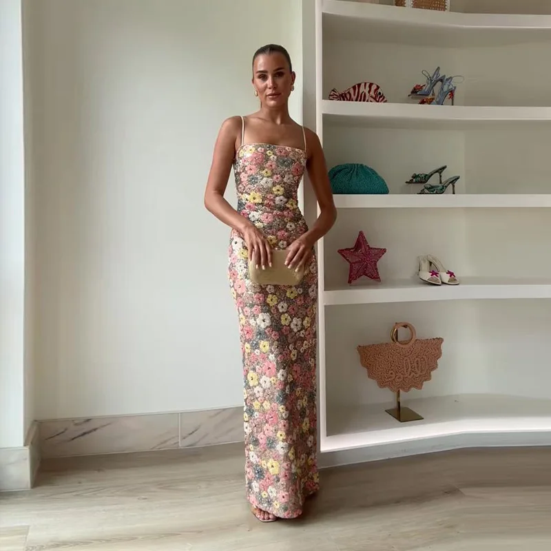 Fashion Sequin Flowers Sling Long Dress Women Sleeveless Backless Slim Maxi Dresses 2025 New Colorful Floral Evening Party Robes - Image 7