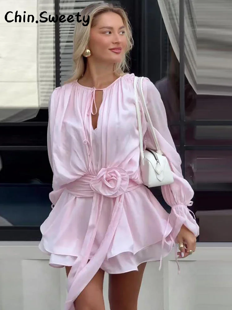 Elegant 3D Flower Cascading Ruffles Short Dress Women Loose Solid Lace Up Full Flare Sleeve Dresses 2025 Summer Lady Chic Robes - Image 3