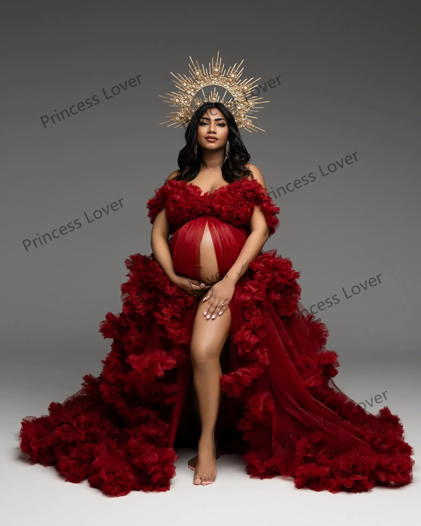 Dark Red Prom Dresses Photoshoot Luxury Ruffle Robe for Baby Shower Customized Tiered Elegant Bridal Lingerie Vestido de Novia - Image 4