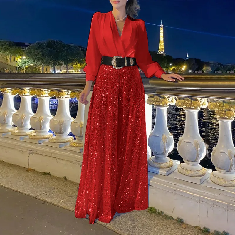 TARUXY Splice Sequins Maxi Dresses For Women Fashion Folds Loose V Neck Elegant Dress Femme Party Evening Dresses Luxury 2023 - Image 9