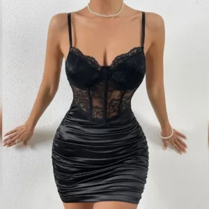Elegant Sleeveless Dress for Woman New Fashion Sexy Lace Pleated Flower Patterned Hip Wrap Skirt Y2k Slim Fit Dresses for Female