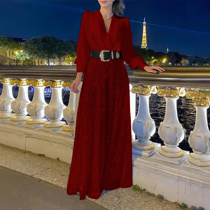 TARUXY Splice Sequins Maxi Dresses For Women Fashion Folds Loose V Neck Elegant Dress Femme Party Evening Dresses Luxury 2023 - Image 14