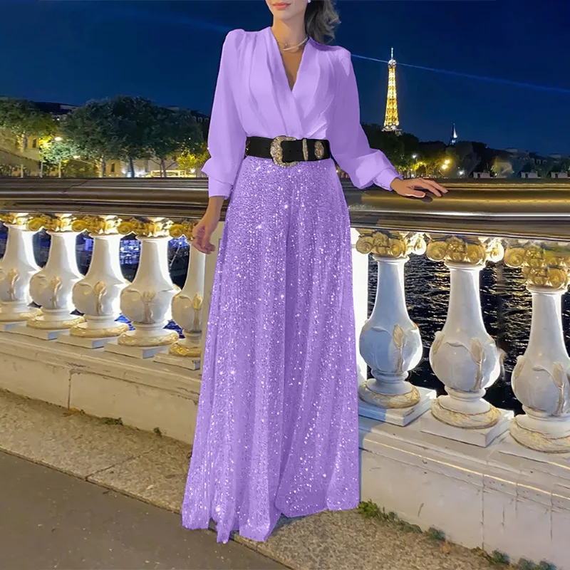 TARUXY Splice Sequins Maxi Dresses For Women Fashion Folds Loose V Neck Elegant Dress Femme Party Evening Dresses Luxury 2023 - Image 13