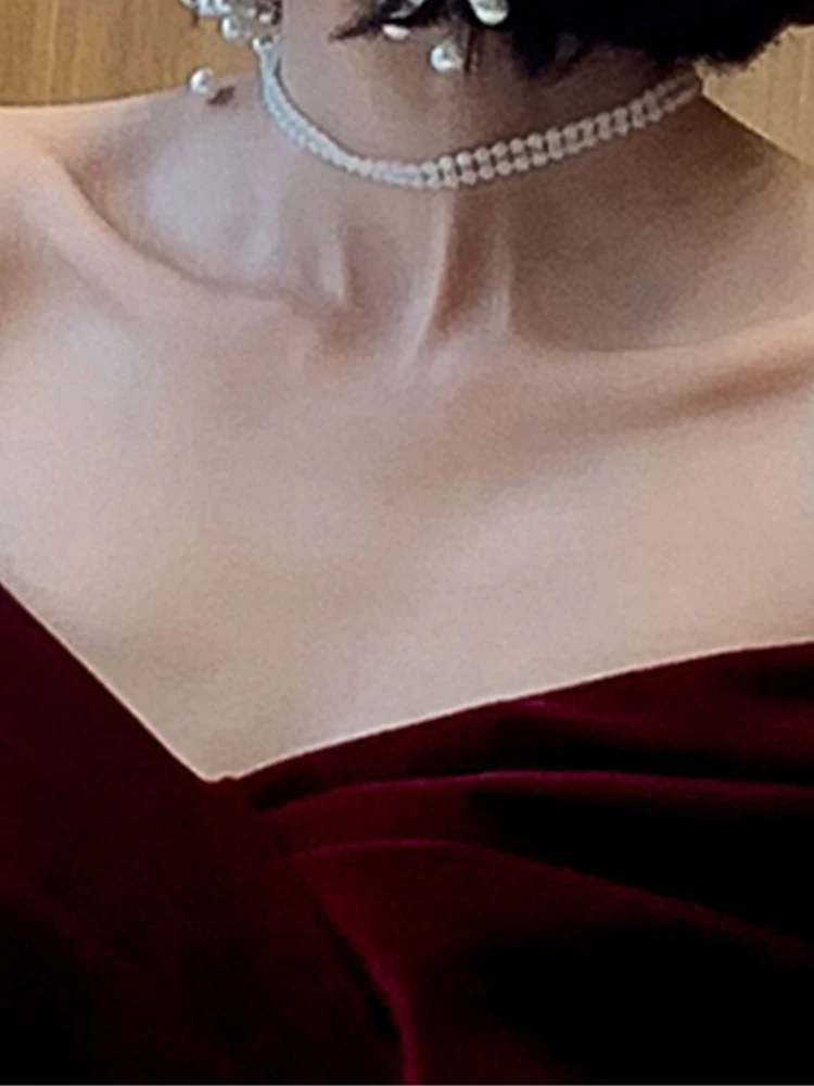 Lautaro Spring Long Luxury Elegant Wine Red Soft Velvet Evening Party Wedding Dresses for Women 2022 Off Shoulder Maxi Dress - Image 5