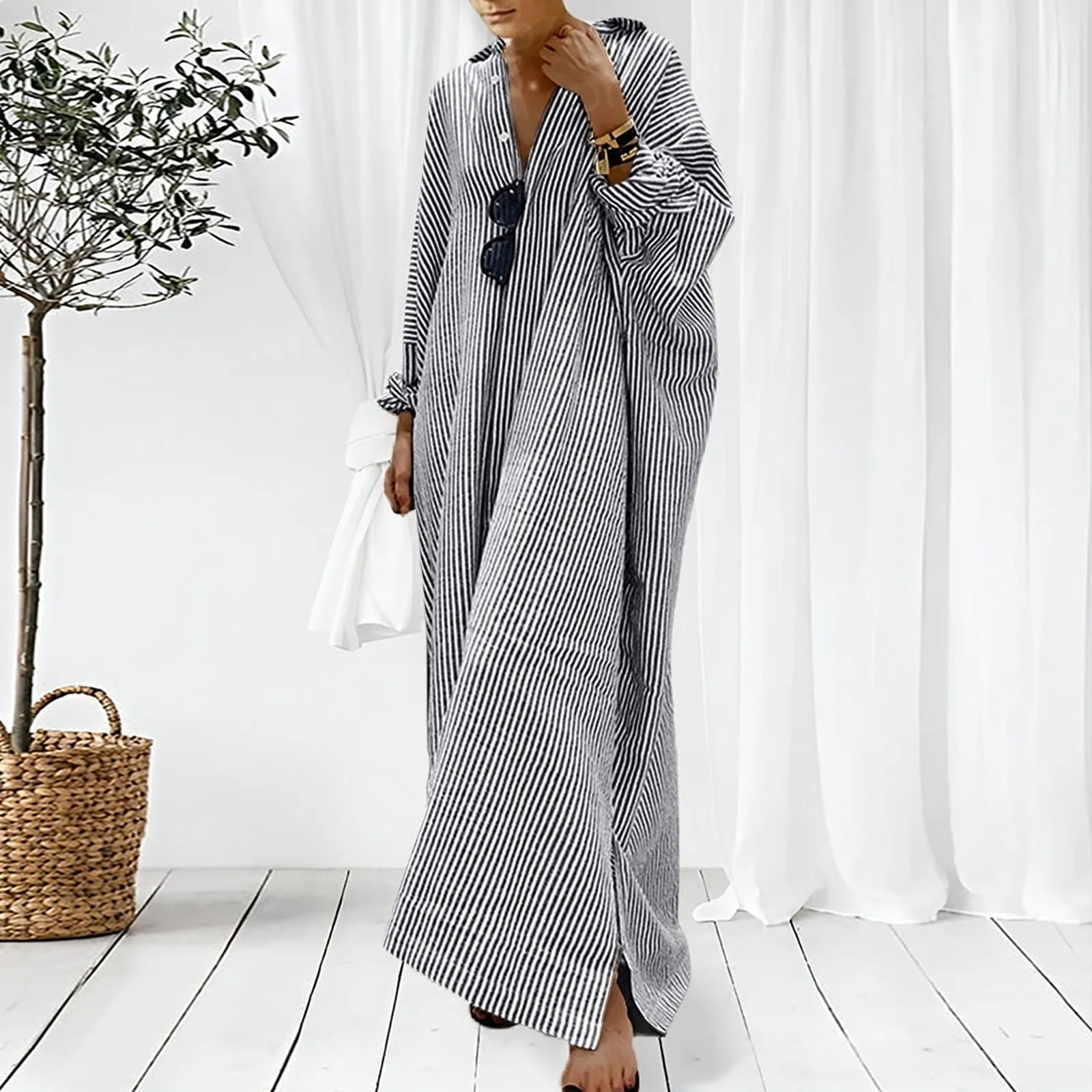 Elegant Outfits Summer Dresses For Women 2023 Stripe Cotton Shirt Casual Loose Maxi Dresses Formal Occasion Dresses Vestidos