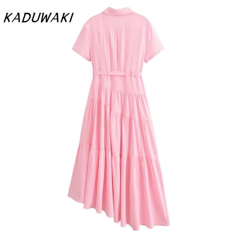 KADUWAKI French Vintage Lapel Short Sleeve Solid Dresses Casual Classic Pocket Asymmetric Pleated Vestidos with Belt فساتين ٢٠٢٢ - Image 6