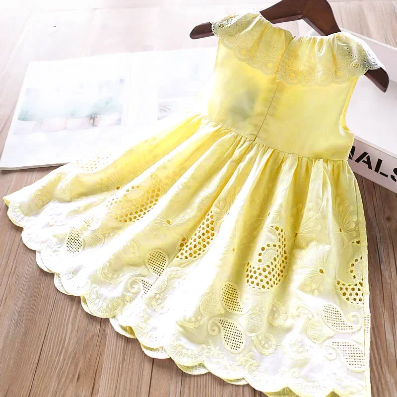 2025 New Girls' Dresses Children'S Summer Cotton Embroidered Hollow Dress Baby Kids Clothing Cute Ruffled Round Neck Vest Dress - Image 2