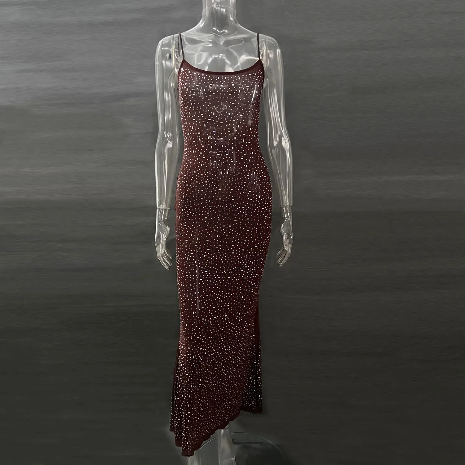 DSMTRC Sexy Mesh See Through Slim Evening Party Dresses Fall Winter Strap Christmas Outfits Glitter Diamond Long Dress for Women - Image 5