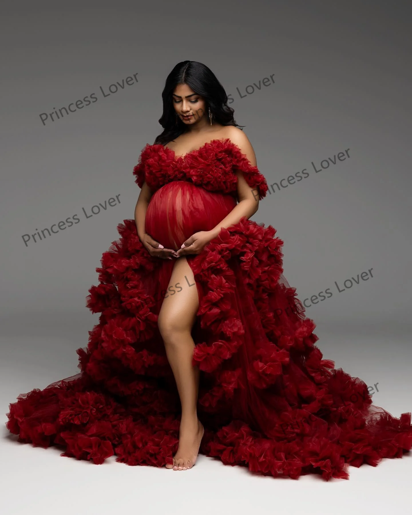 Dark Red Prom Dresses Photoshoot Luxury Ruffle Robe for Baby Shower Customized Tiered Elegant Bridal Lingerie Vestido de Novia - Image 3