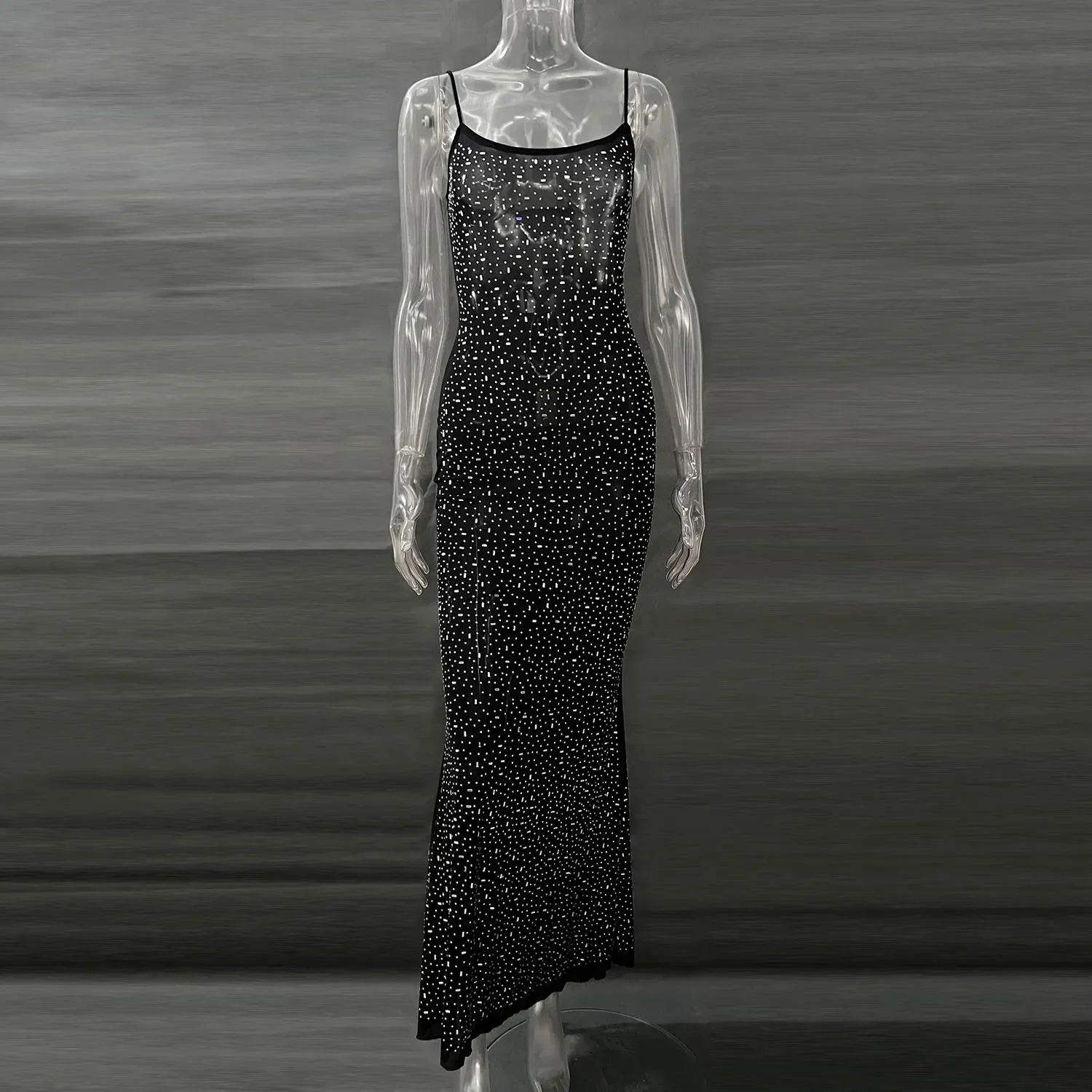DSMTRC Sexy Mesh See Through Slim Evening Party Dresses Fall Winter Strap Christmas Outfits Glitter Diamond Long Dress for Women - Image 8