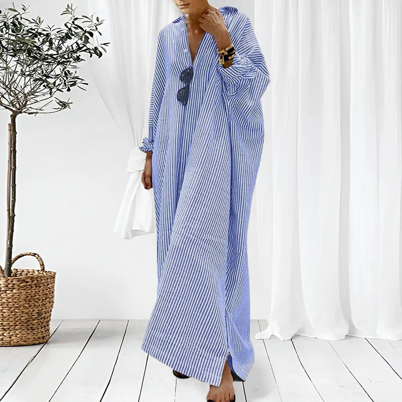 Elegant Outfits Summer Dresses For Women 2023 Stripe Cotton Shirt Casual Loose Maxi Dresses Formal Occasion Dresses Vestidos - Image 2