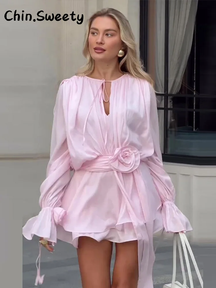 Elegant 3D Flower Cascading Ruffles Short Dress Women Loose Solid Lace Up Full Flare Sleeve Dresses 2025 Summer Lady Chic Robes - Image 4
