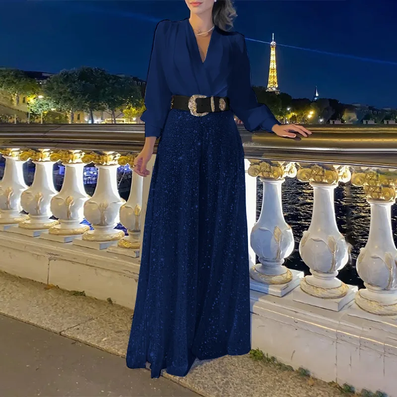 TARUXY Splice Sequins Maxi Dresses For Women Fashion Folds Loose V Neck Elegant Dress Femme Party Evening Dresses Luxury 2023 - Image 8