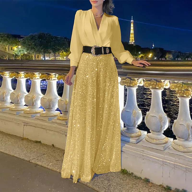 TARUXY Splice Sequins Maxi Dresses For Women Fashion Folds Loose V Neck Elegant Dress Femme Party Evening Dresses Luxury 2023 - Image 7