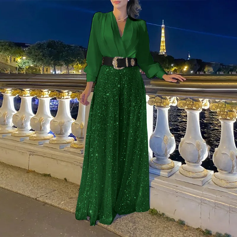 TARUXY Splice Sequins Maxi Dresses For Women Fashion Folds Loose V Neck Elegant Dress Femme Party Evening Dresses Luxury 2023 - Image 11