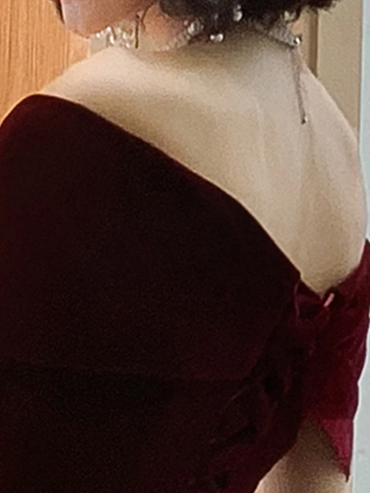 Lautaro Spring Long Luxury Elegant Wine Red Soft Velvet Evening Party Wedding Dresses for Women 2022 Off Shoulder Maxi Dress - Image 6