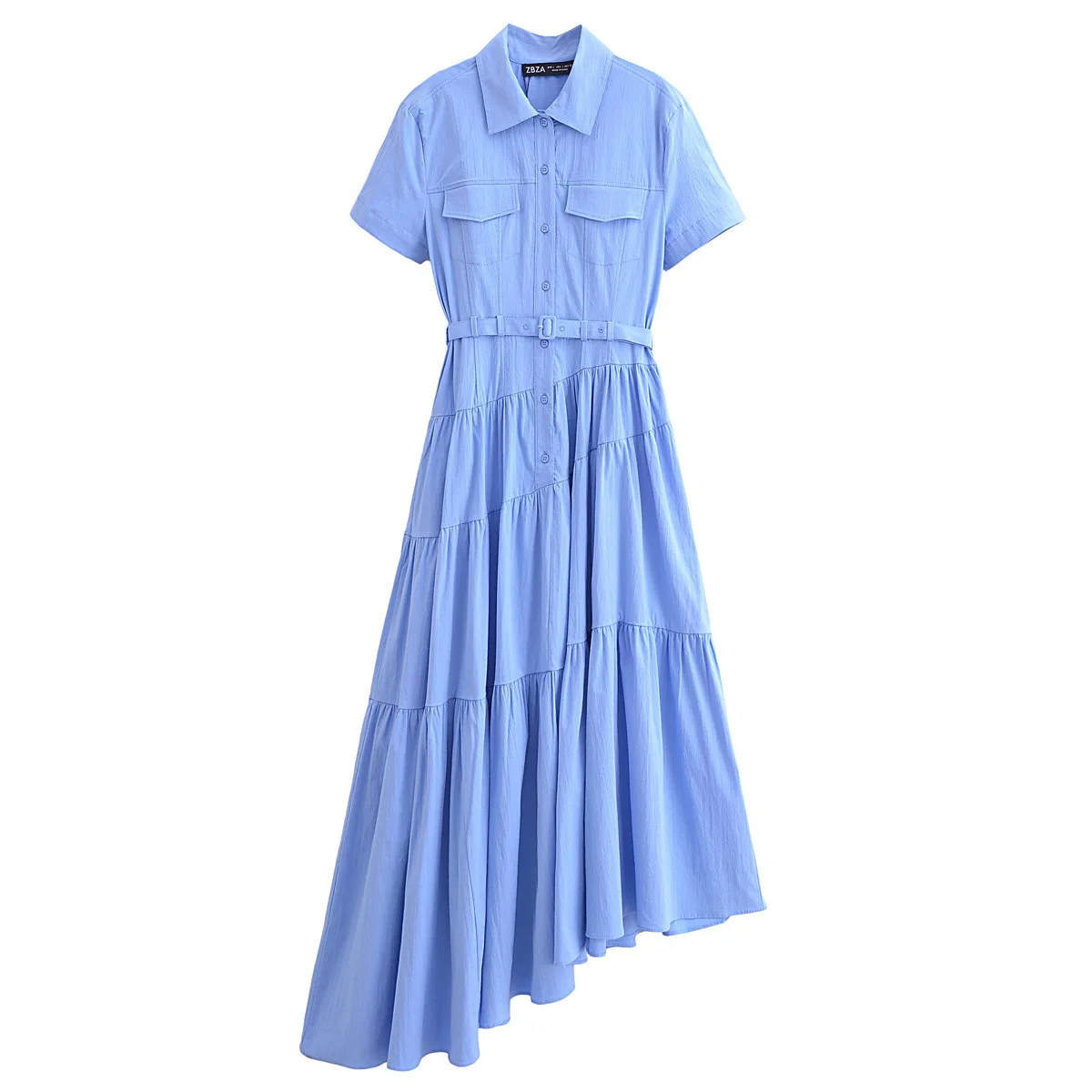 KADUWAKI French Vintage Lapel Short Sleeve Solid Dresses Casual Classic Pocket Asymmetric Pleated Vestidos with Belt فساتين ٢٠٢٢ - Image 7
