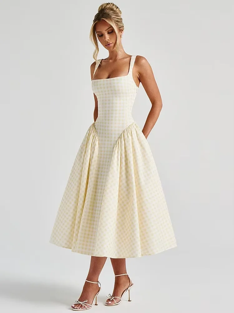 Lady Solid Sleeveless Sling Dress Backless Slim Pleated Hem Square Neck Plaid A-line Dresses Women Vacation Summer Midi Robes - Image 6
