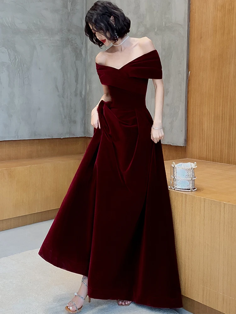 Lautaro Spring Long Luxury Elegant Wine Red Soft Velvet Evening Party Wedding Dresses for Women 2022 Off Shoulder Maxi Dress - Image 10