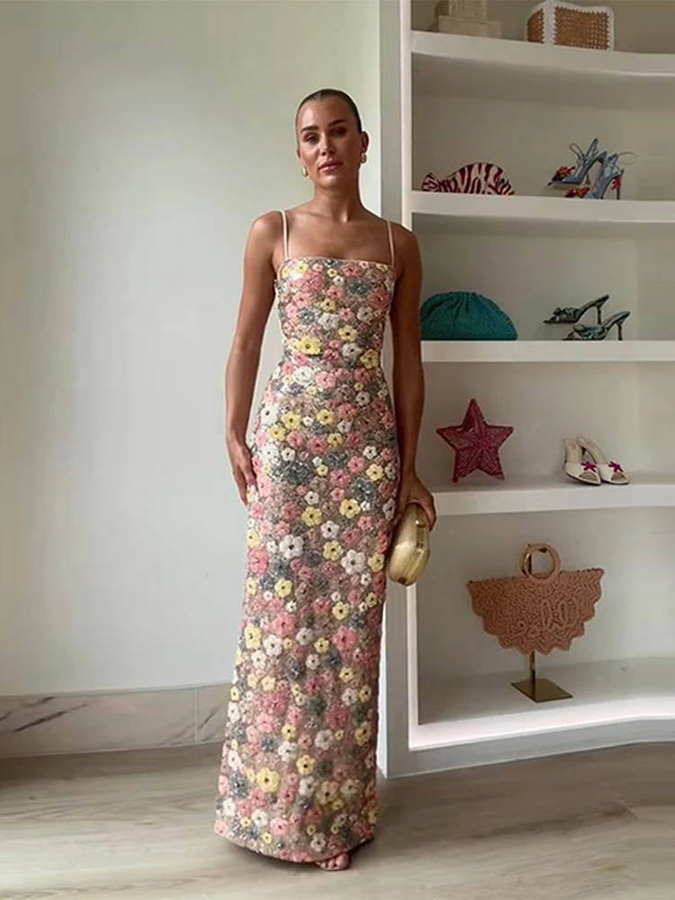 Fashion Sequin Flowers Sling Long Dress Women Sleeveless Backless Slim Maxi Dresses 2025 New Colorful Floral Evening Party Robes - Image 3
