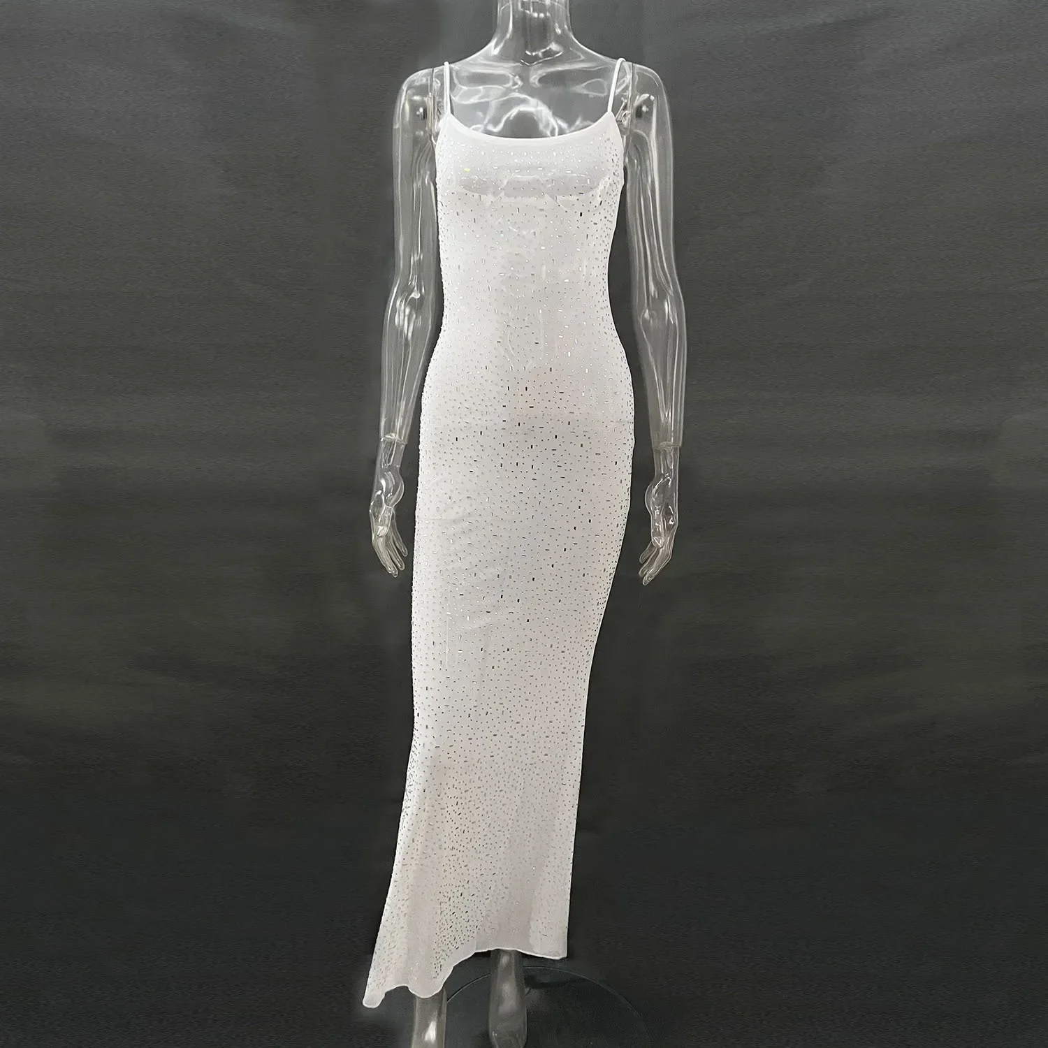 DSMTRC Sexy Mesh See Through Slim Evening Party Dresses Fall Winter Strap Christmas Outfits Glitter Diamond Long Dress for Women - Image 10