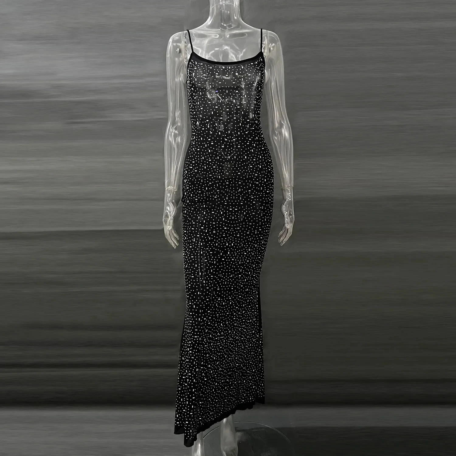 DSMTRC Sexy Mesh See Through Slim Evening Party Dresses Fall Winter Strap Christmas Outfits Glitter Diamond Long Dress for Women - Image 4