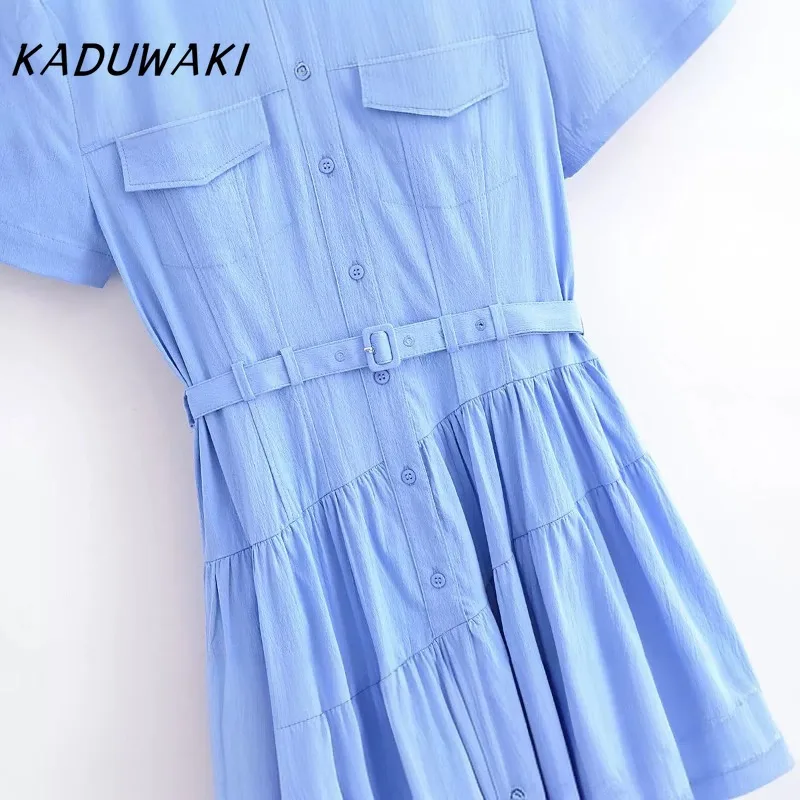 KADUWAKI French Vintage Lapel Short Sleeve Solid Dresses Casual Classic Pocket Asymmetric Pleated Vestidos with Belt فساتين ٢٠٢٢ - Image 3