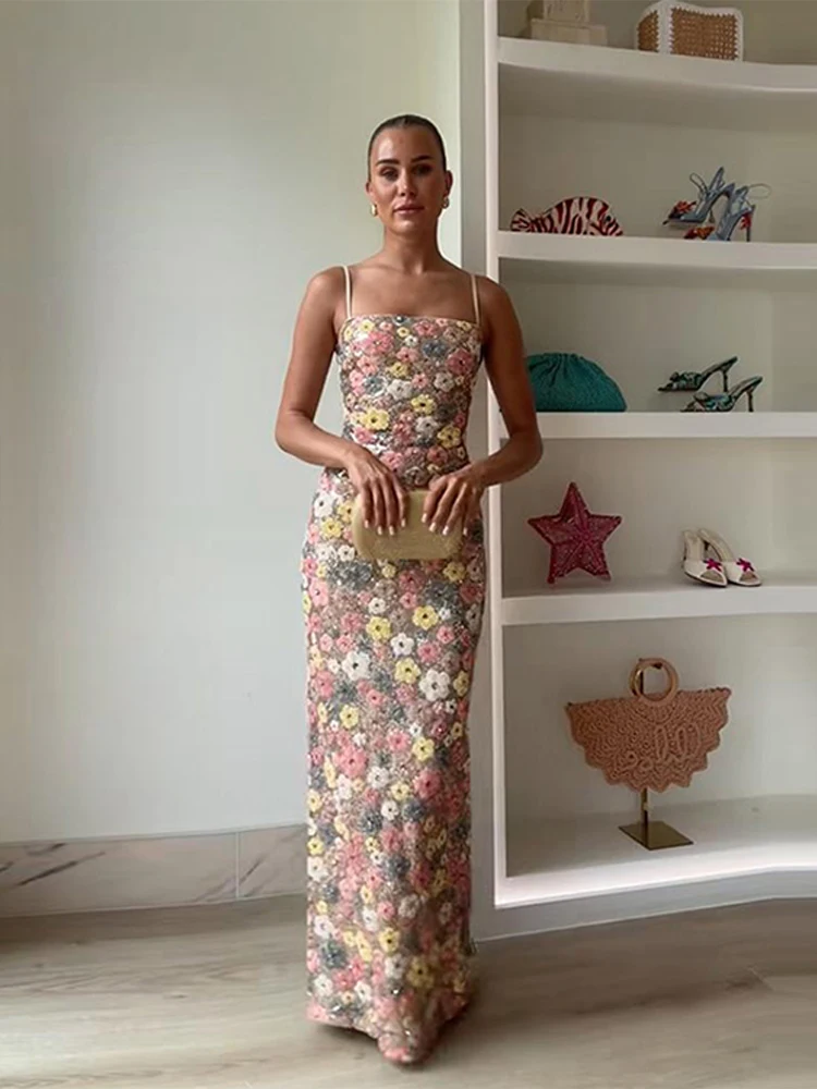 Fashion Sequin Flowers Sling Long Dress Women Sleeveless Backless Slim Maxi Dresses 2025 New Colorful Floral Evening Party Robes - Image 2