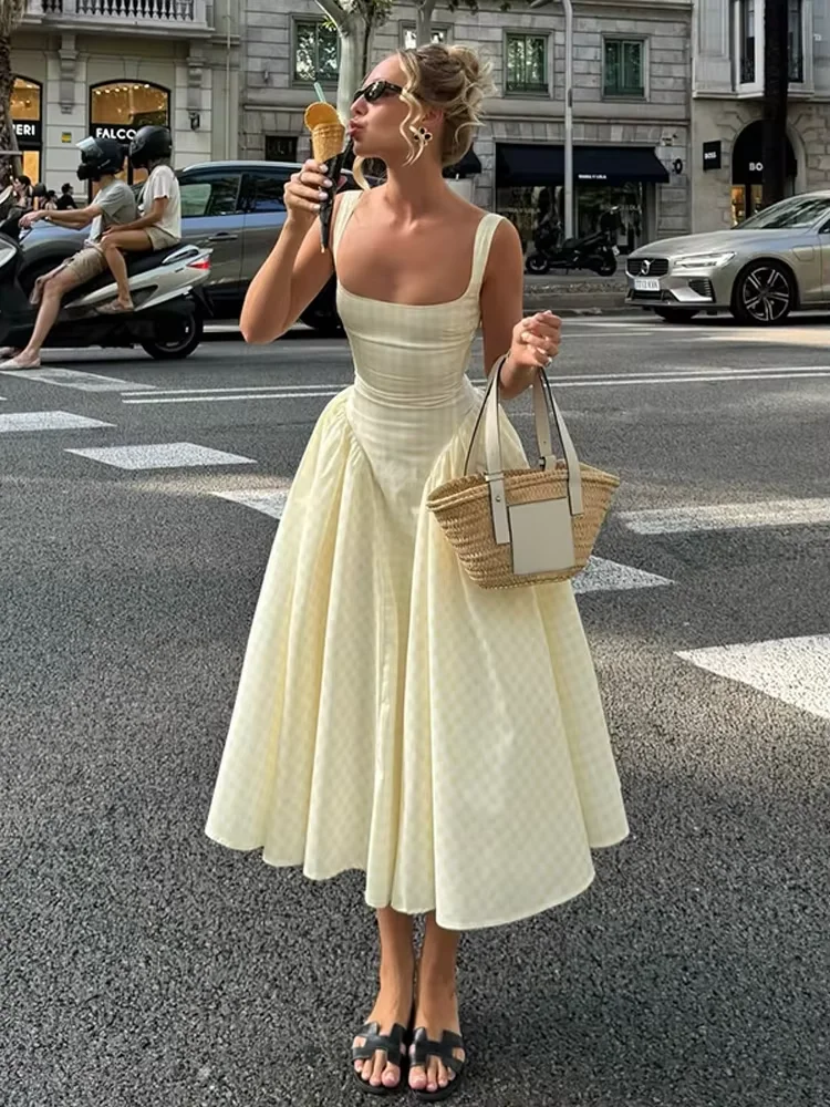 Lady Solid Sleeveless Sling Dress Backless Slim Pleated Hem Square Neck Plaid A-line Dresses Women Vacation Summer Midi Robes - Image 4