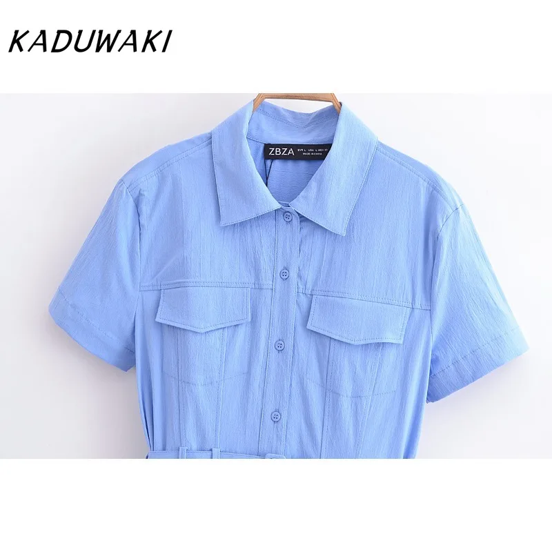 KADUWAKI French Vintage Lapel Short Sleeve Solid Dresses Casual Classic Pocket Asymmetric Pleated Vestidos with Belt فساتين ٢٠٢٢ - Image 2