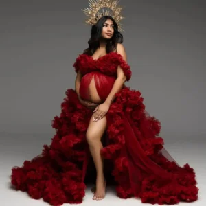 Dark Red Prom Dresses Photoshoot Luxury Ruffle Robe for Baby Shower Customized Tiered Elegant Bridal Lingerie Vestido de Novia