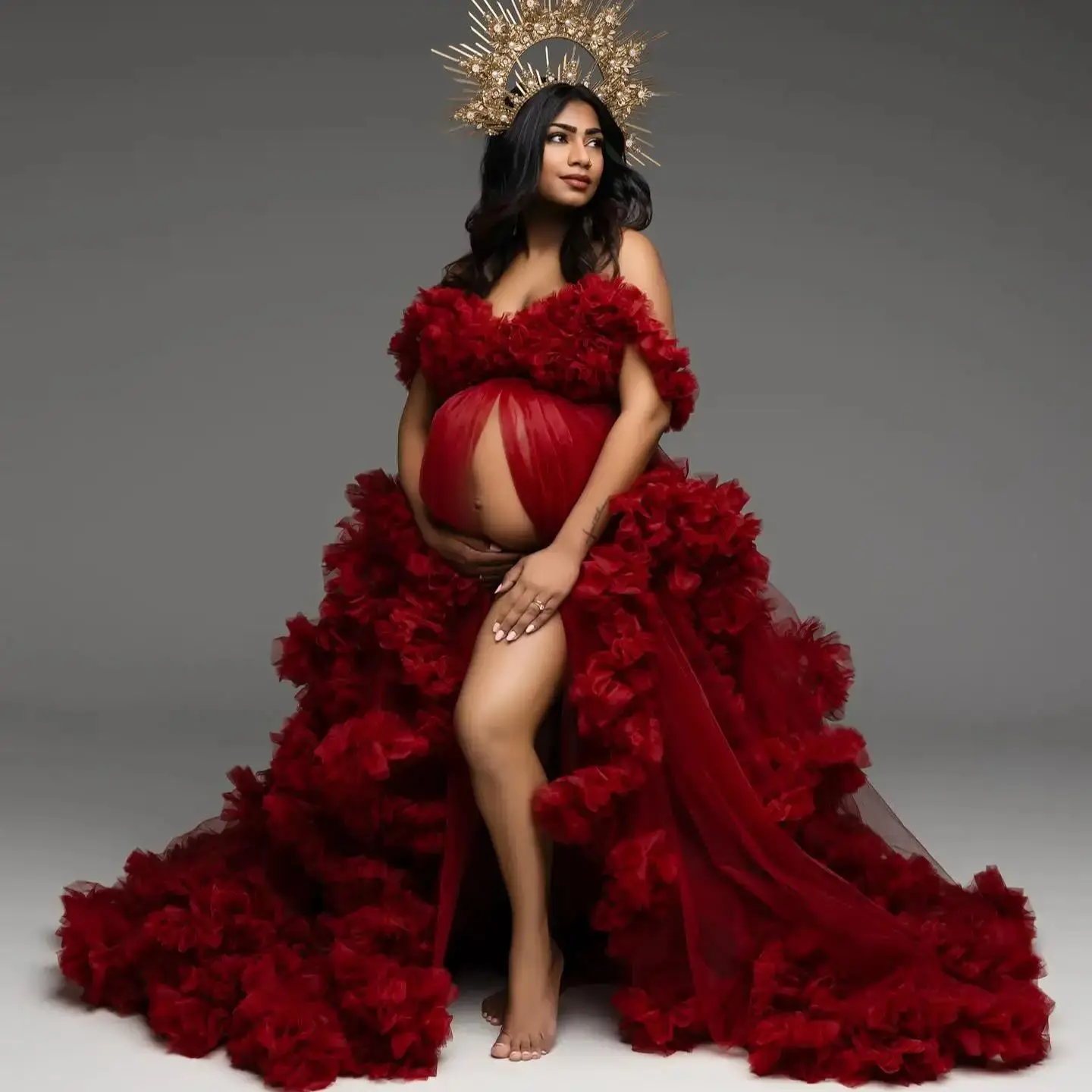 Dark Red Prom Dresses Photoshoot Luxury Ruffle Robe for Baby Shower Customized Tiered Elegant Bridal Lingerie Vestido de Novia