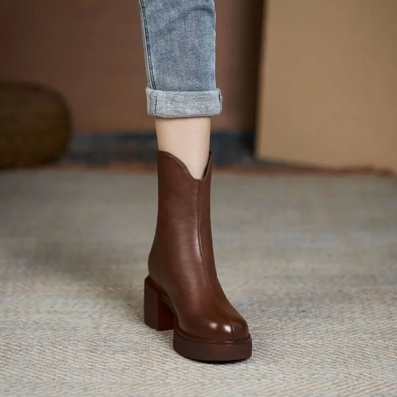 Women's Shoes Chelsea Boots Woman Winter 2025 Cute Trend Elastic Half Promotion Genuine Leather On Offer With High Quality New - Image 3