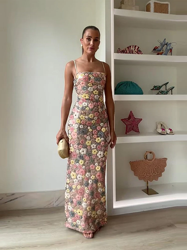 Fashion Sequin Flowers Sling Long Dress Women Sleeveless Backless Slim Maxi Dresses 2025 New Colorful Floral Evening Party Robes - Image 4