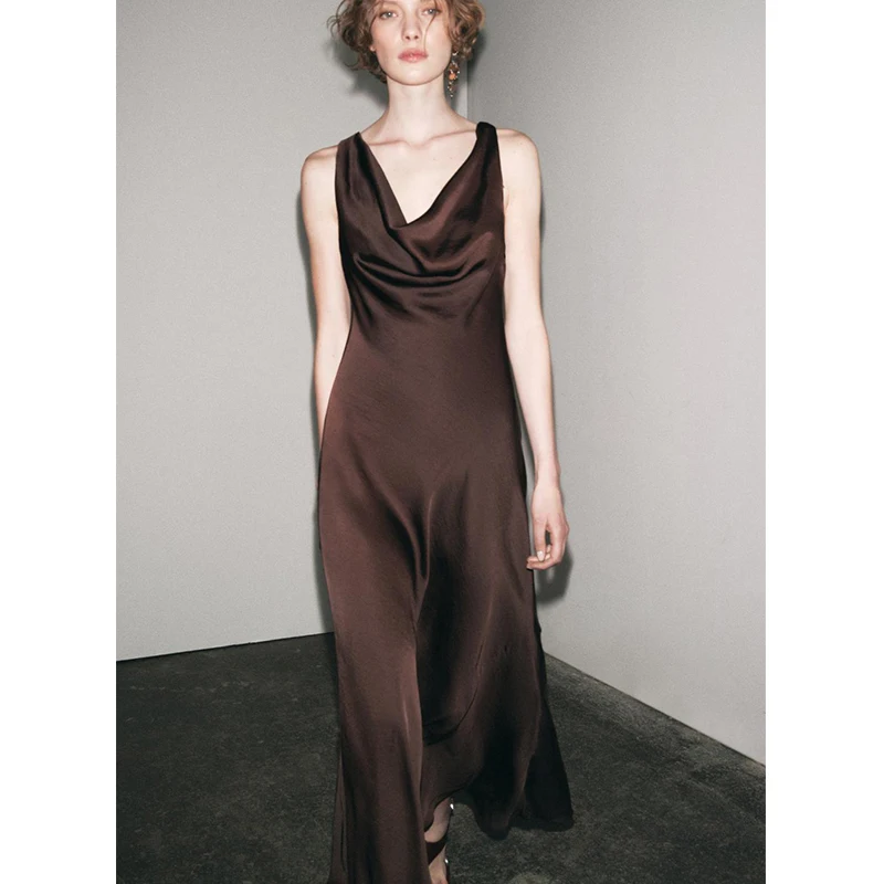 Ele Long Silk Satin Gown Asymmetrical Hem V-Ne Wide Strap Draped A-Line Summer Dr High Waist Polyester Fiber - Image 4