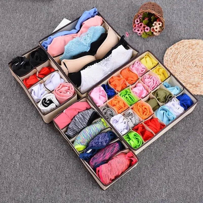 6/7/8/24 Grid Storage Box Beige Underwear Storage Box Four Piece Sock Storage Fabric Bra Storage Box - Image 6