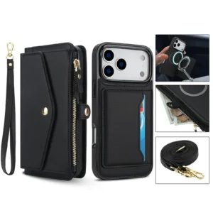 For iPhone 17 Pro Max/Air/17 Pro Wallet Case, RFID Blocking Card Holder, Detachable Magnetic Phone Cover with Crossbody Strap