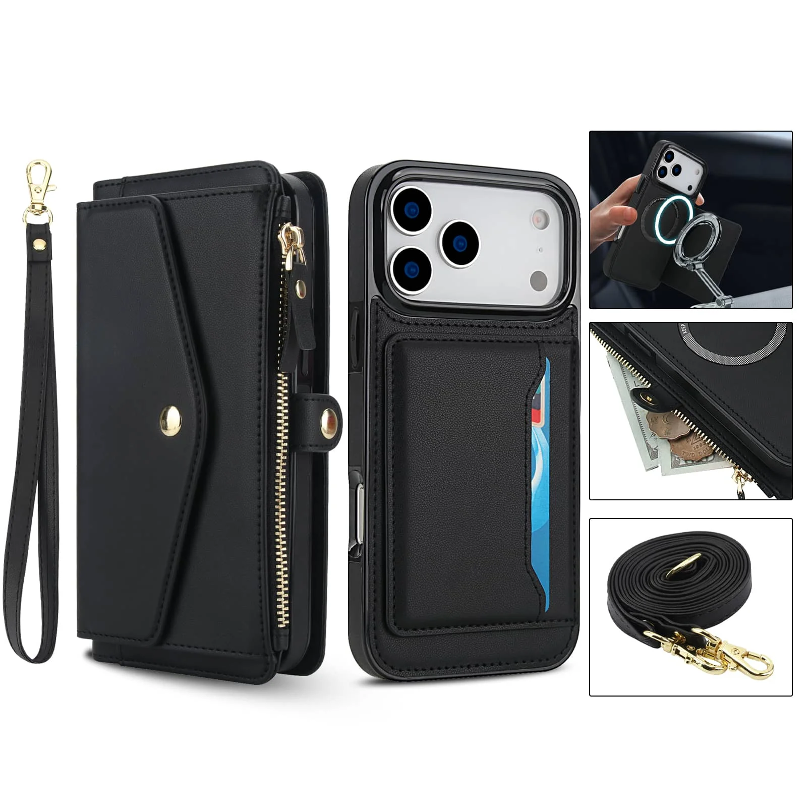 For iPhone 17 Pro Max/Air/17 Pro Wallet Case, RFID Blocking Card Holder, Detachable Magnetic Phone Cover with Crossbody Strap