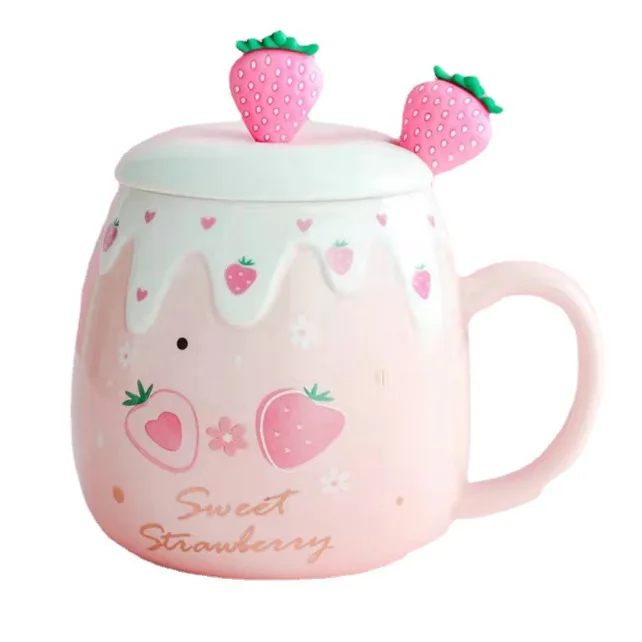 Strawberry Mug with Lid,Ceramic Mugs 450ML,Korean Kawaii Coffee Cups,Cute Breakfast Porcelain Mug for Woman,Student - Image 18
