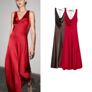 Ele Long Silk Satin Gown Asymmetrical Hem V-Ne Wide Strap Draped A-Line Summer Dr High Waist Polyester Fiber