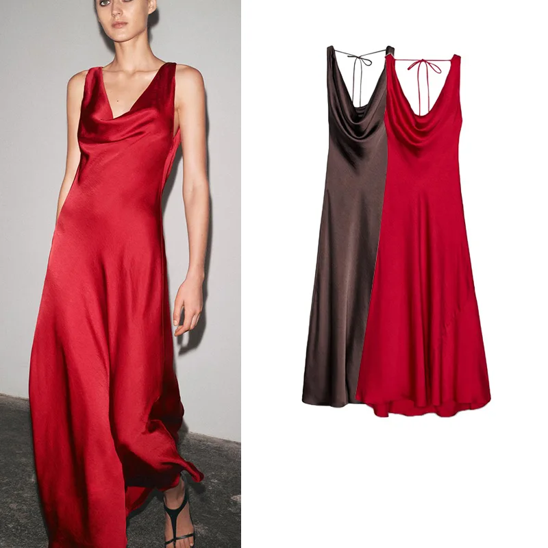 Ele Long Silk Satin Gown Asymmetrical Hem V-Ne Wide Strap Draped A-Line Summer Dr High Waist Polyester Fiber