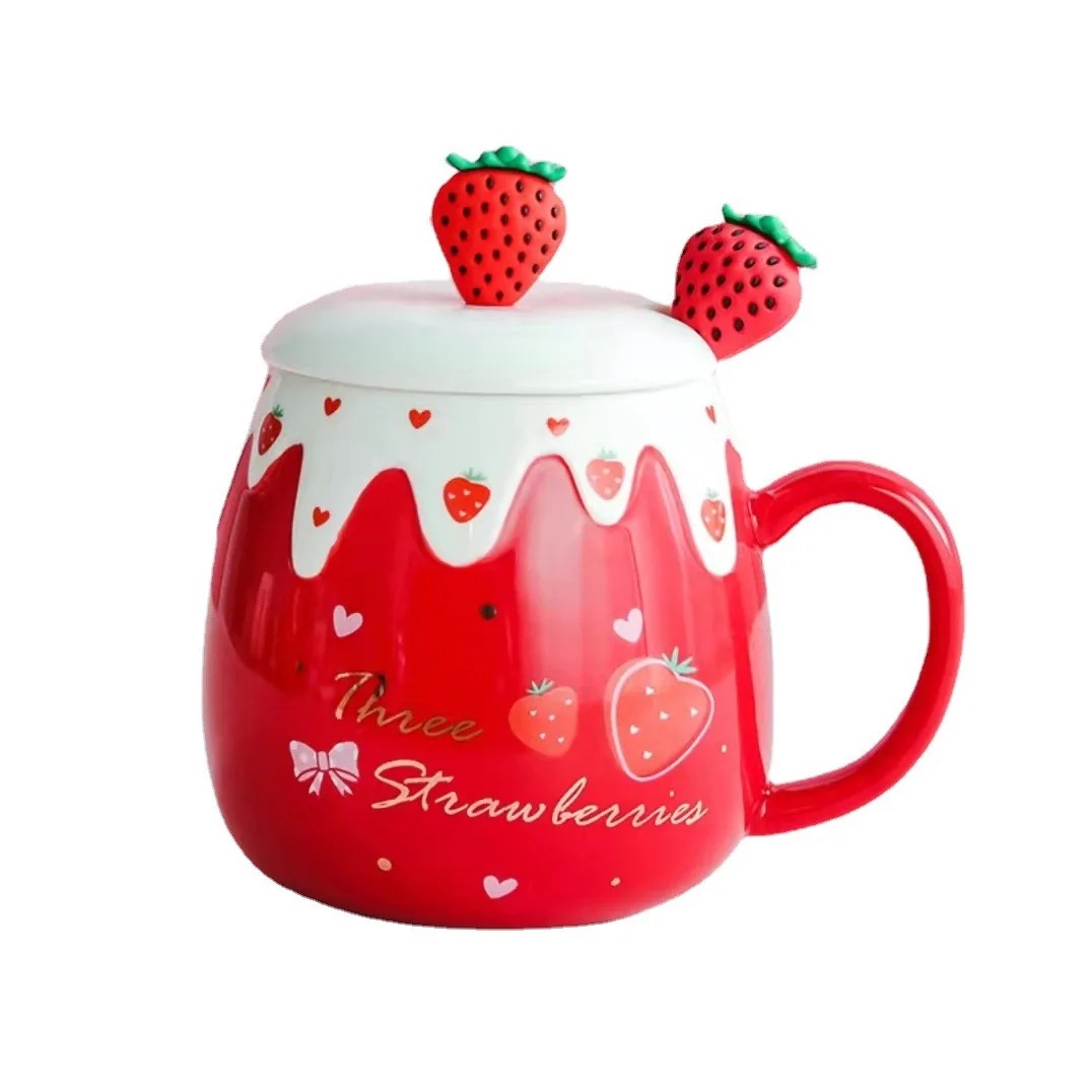 Strawberry Mug with Lid,Ceramic Mugs 450ML,Korean Kawaii Coffee Cups,Cute Breakfast Porcelain Mug for Woman,Student - Image 20