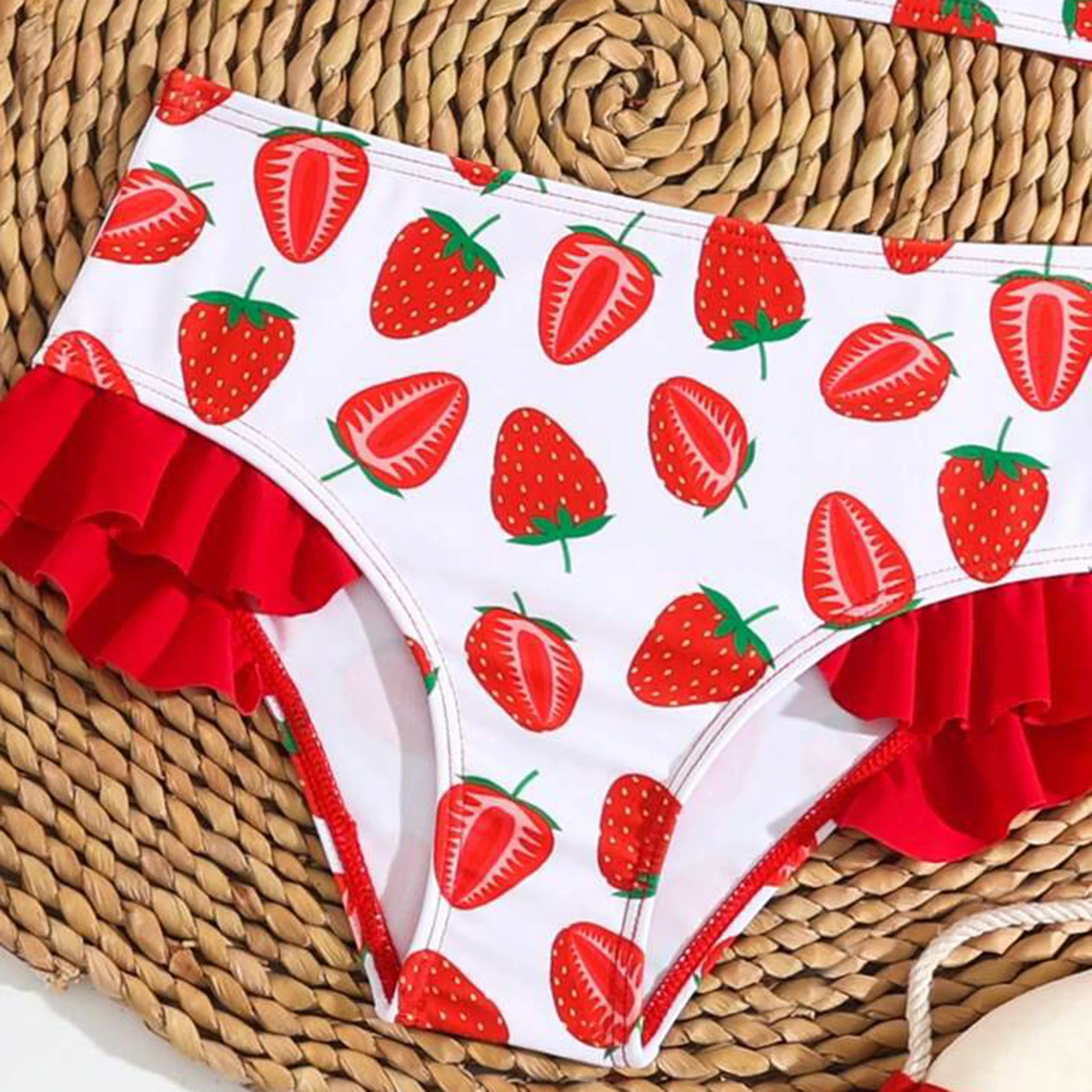 MISOWMNJOY Cute Ruffle Baby Girls Bikini Swimsuit Cute Princess Strawberry Print Beachwear Adjustable Children Bathing Suit - Image 5