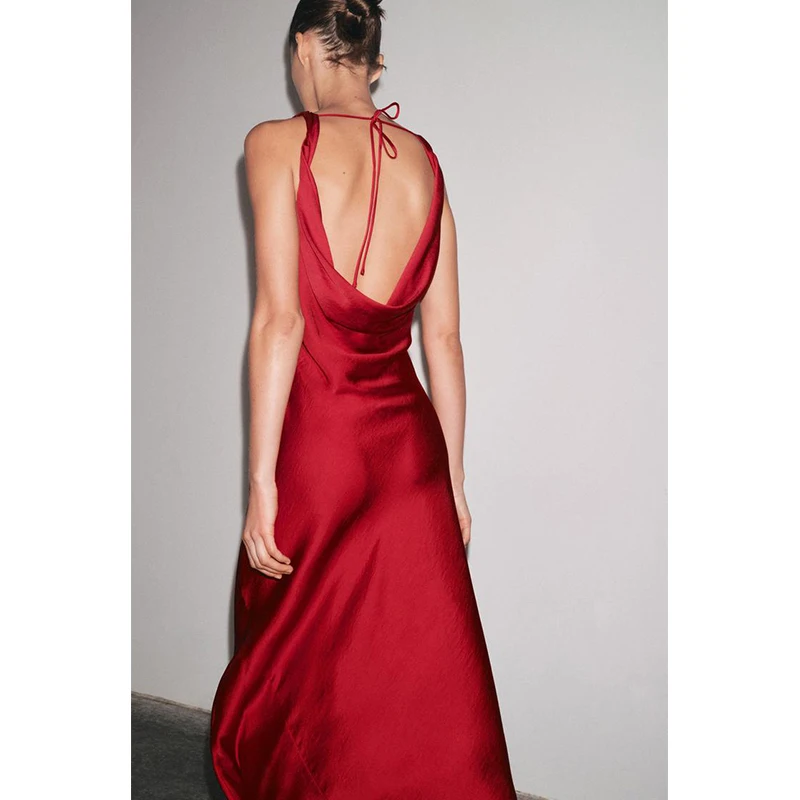 Ele Long Silk Satin Gown Asymmetrical Hem V-Ne Wide Strap Draped A-Line Summer Dr High Waist Polyester Fiber - Image 3
