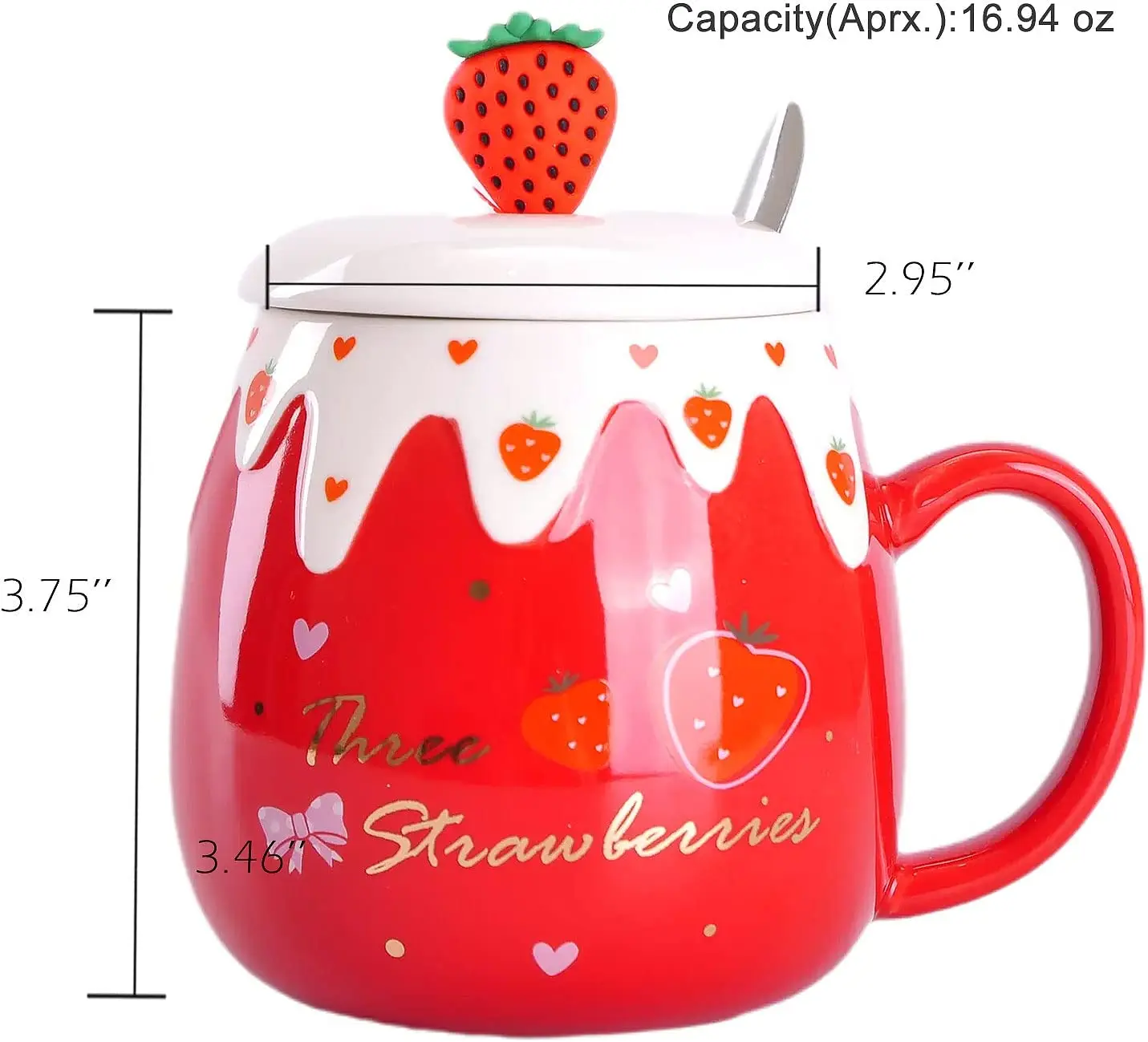 Strawberry Mug with Lid,Ceramic Mugs 450ML,Korean Kawaii Coffee Cups,Cute Breakfast Porcelain Mug for Woman,Student - Image 2